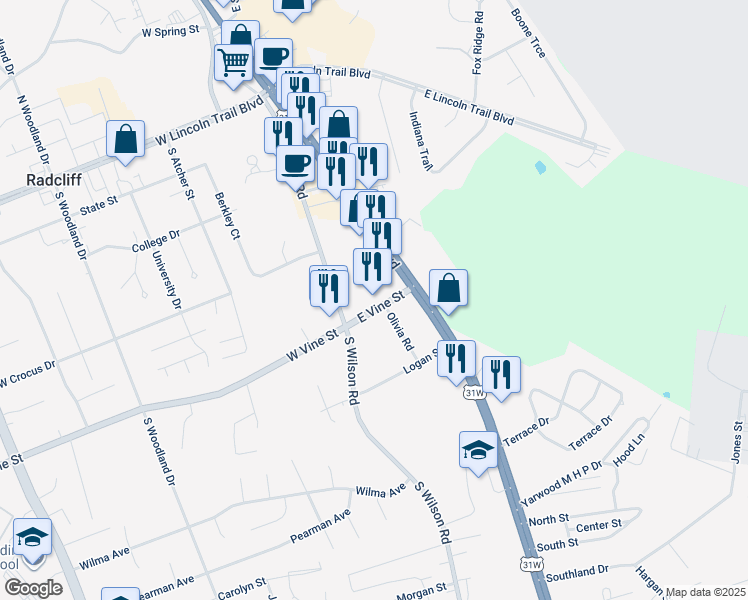 map of restaurants, bars, coffee shops, grocery stores, and more near 635 South Dixie Boulevard in Radcliff