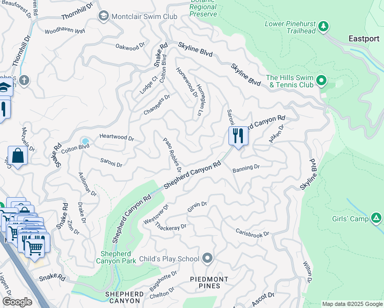 map of restaurants, bars, coffee shops, grocery stores, and more near 7074 Sayre Drive in Oakland