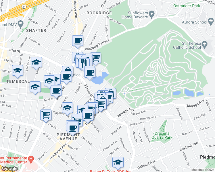 map of restaurants, bars, coffee shops, grocery stores, and more near 4514 Montgomery Street in Oakland