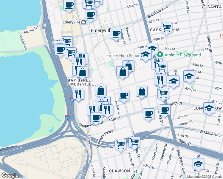 map of restaurants, bars, coffee shops, grocery stores, and more near 1410 45th Street in Emeryville