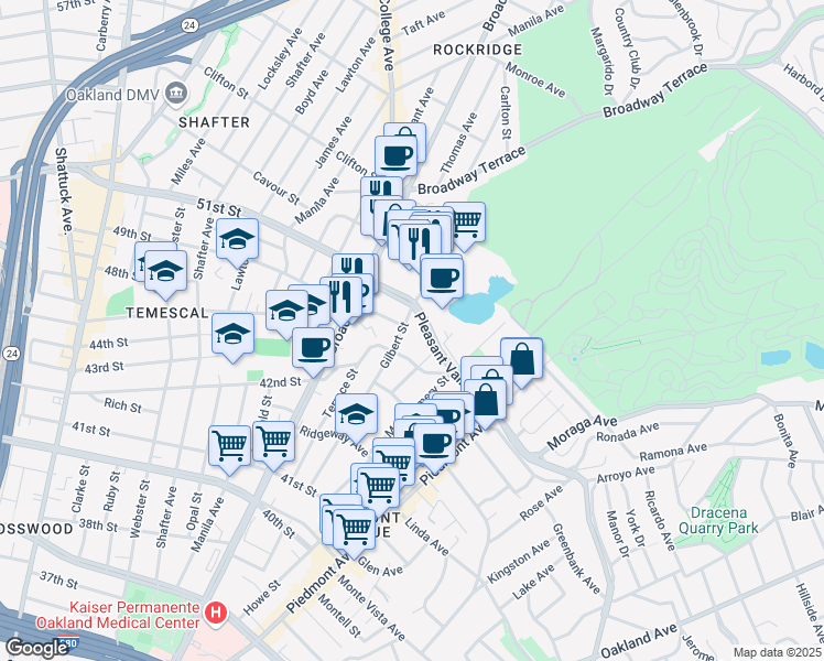 map of restaurants, bars, coffee shops, grocery stores, and more near 1985 Pleasant Valley Avenue in Oakland