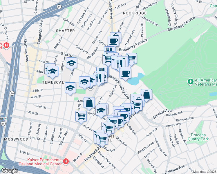 map of restaurants, bars, coffee shops, grocery stores, and more near 4421 Gilbert Street in Oakland