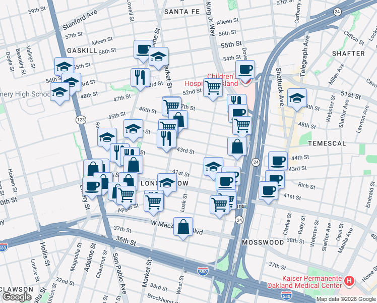 map of restaurants, bars, coffee shops, grocery stores, and more near 870 43rd Street in Oakland