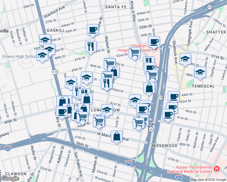 map of restaurants, bars, coffee shops, grocery stores, and more near 870 43rd Street in Oakland