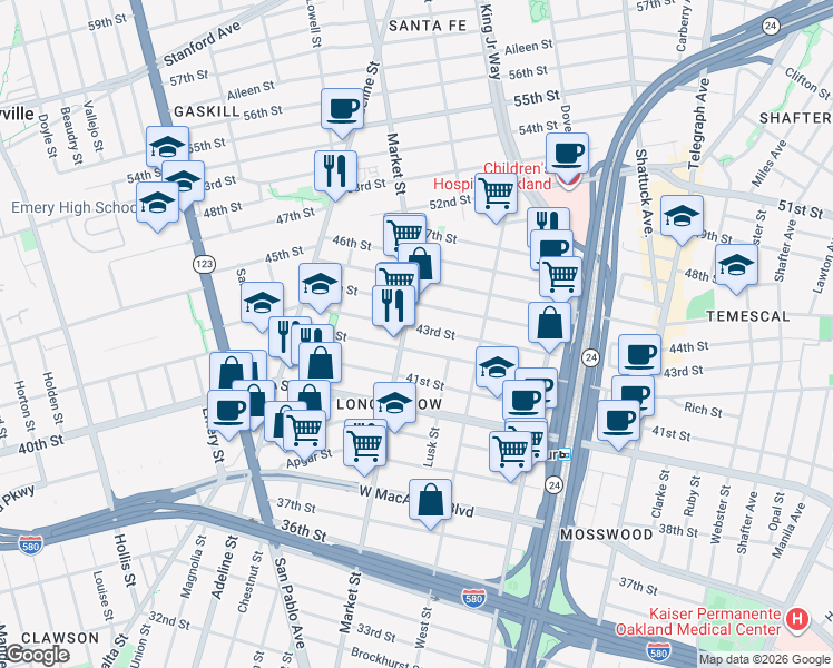 map of restaurants, bars, coffee shops, grocery stores, and more near 870 43rd Street in Oakland