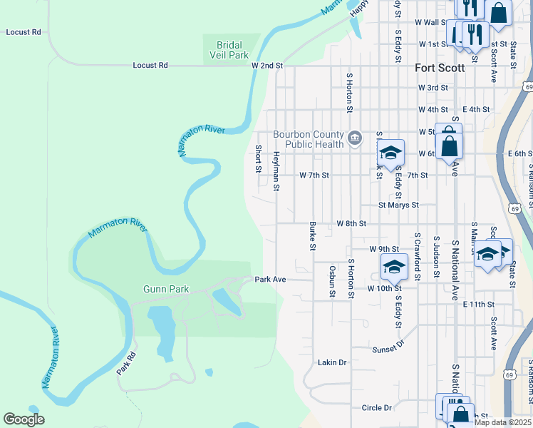 map of restaurants, bars, coffee shops, grocery stores, and more near 736 Heylman Street in Fort Scott