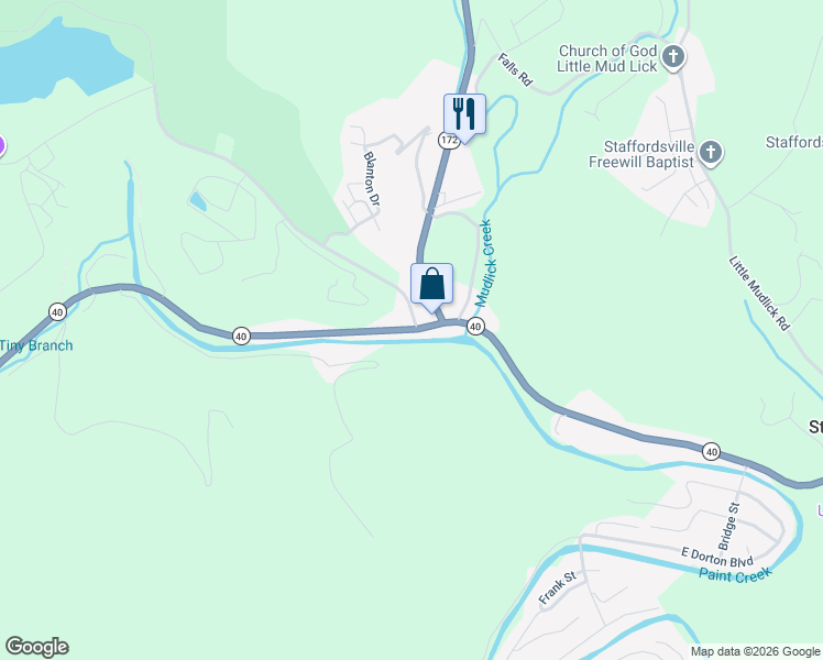 map of restaurants, bars, coffee shops, grocery stores, and more near 2152 Kentucky 40 in Staffordsville