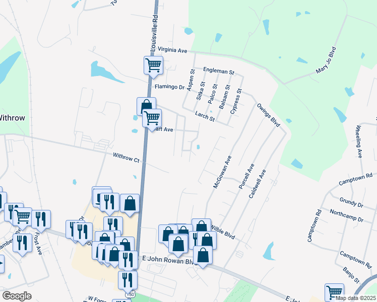 map of restaurants, bars, coffee shops, grocery stores, and more near 1290-1292 South Ann Drive in Bardstown