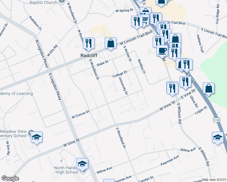 map of restaurants, bars, coffee shops, grocery stores, and more near 431 Western Circle in Radcliff