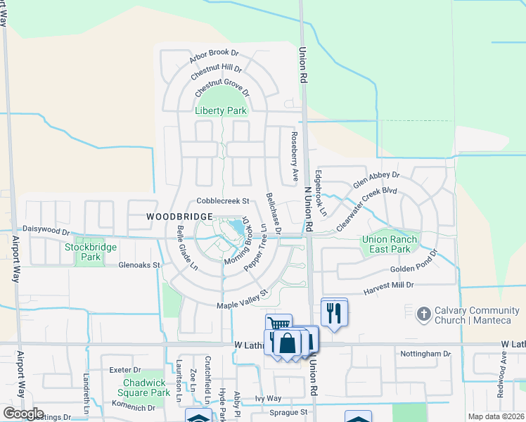 map of restaurants, bars, coffee shops, grocery stores, and more near 2478 Pepper Tree Lane in Manteca