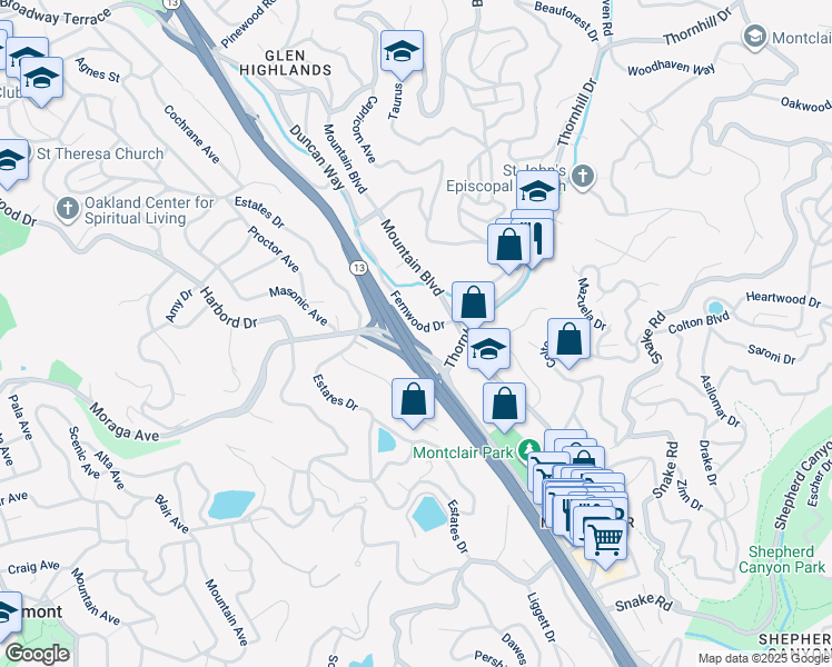 map of restaurants, bars, coffee shops, grocery stores, and more near 1581 Fernwood Drive in Oakland