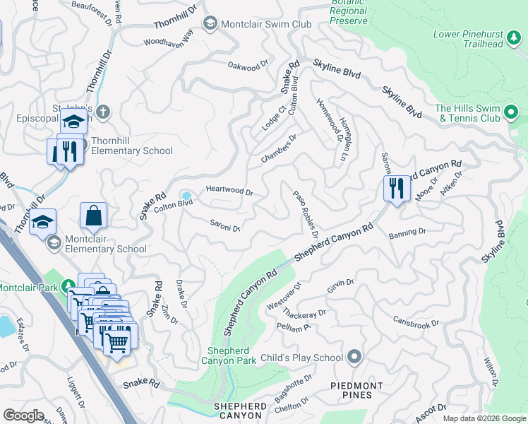 map of restaurants, bars, coffee shops, grocery stores, and more near 6734 Saroni Drive in Oakland