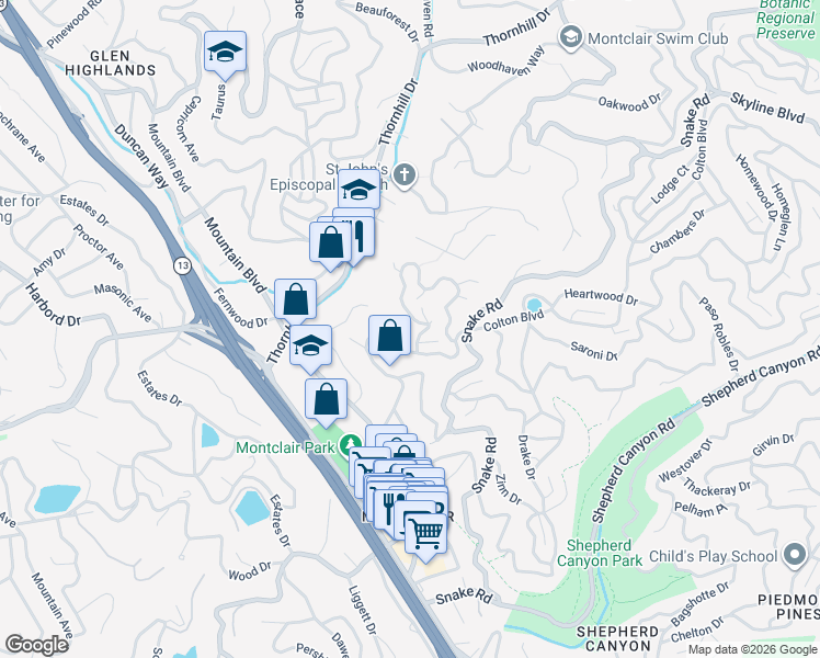 map of restaurants, bars, coffee shops, grocery stores, and more near 5909 Colton Boulevard in Oakland