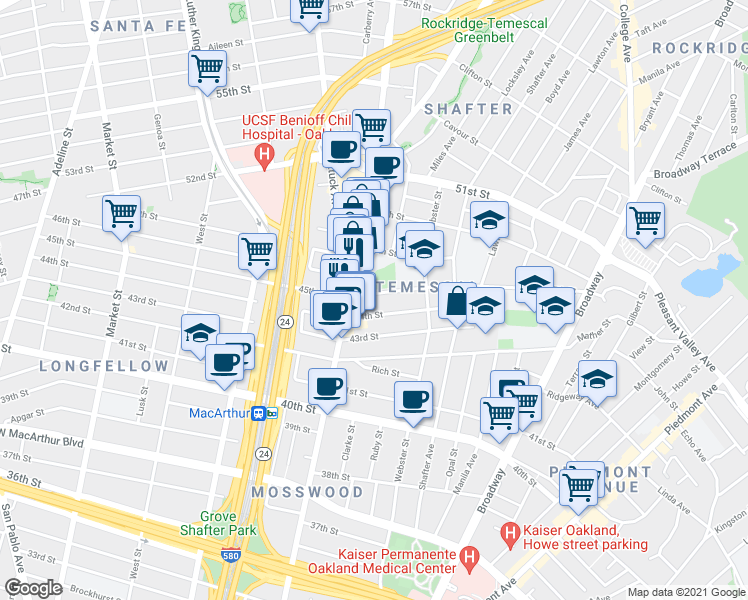 map of restaurants, bars, coffee shops, grocery stores, and more near 479 45th Street in Oakland