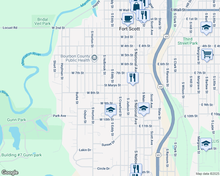 map of restaurants, bars, coffee shops, grocery stores, and more near 316 Saint Marys Street in Fort Scott