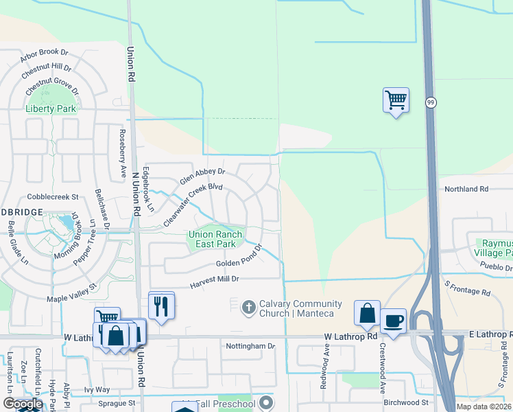 map of restaurants, bars, coffee shops, grocery stores, and more near 813 Golden Pond Drive in Manteca