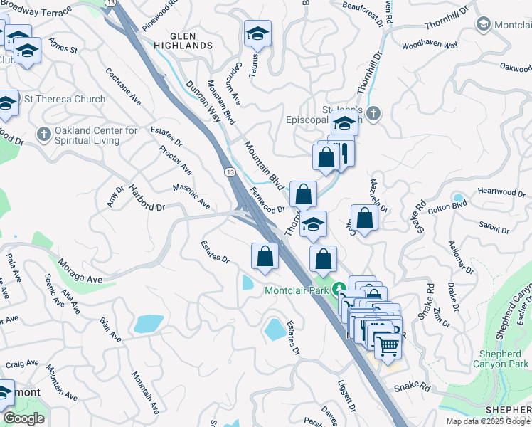 map of restaurants, bars, coffee shops, grocery stores, and more near 1581 Fernwood Drive in Oakland