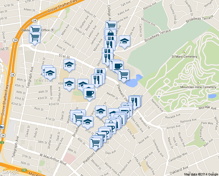 map of restaurants, bars, coffee shops, grocery stores, and more near 4421 Gilbert Street in Oakland