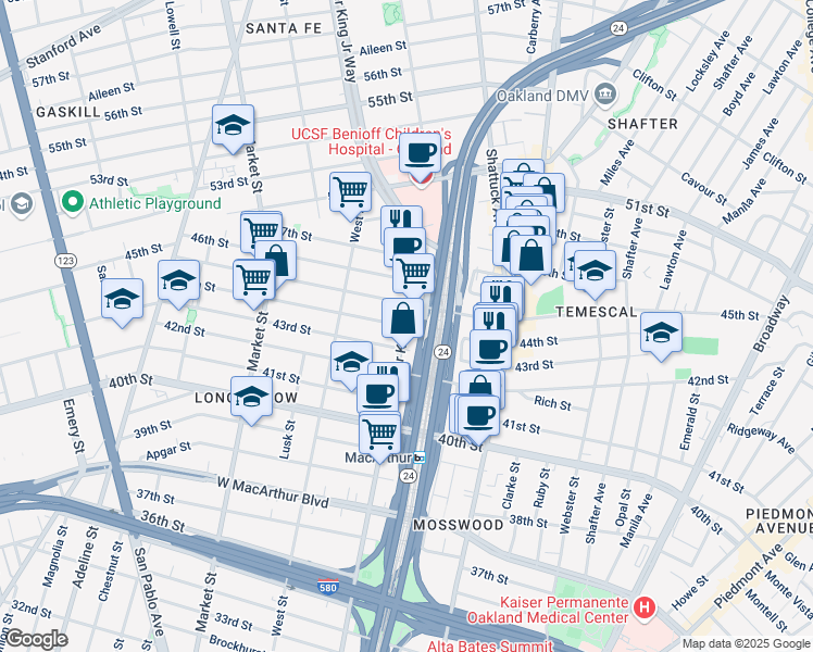 map of restaurants, bars, coffee shops, grocery stores, and more near 650 44th Street in Oakland