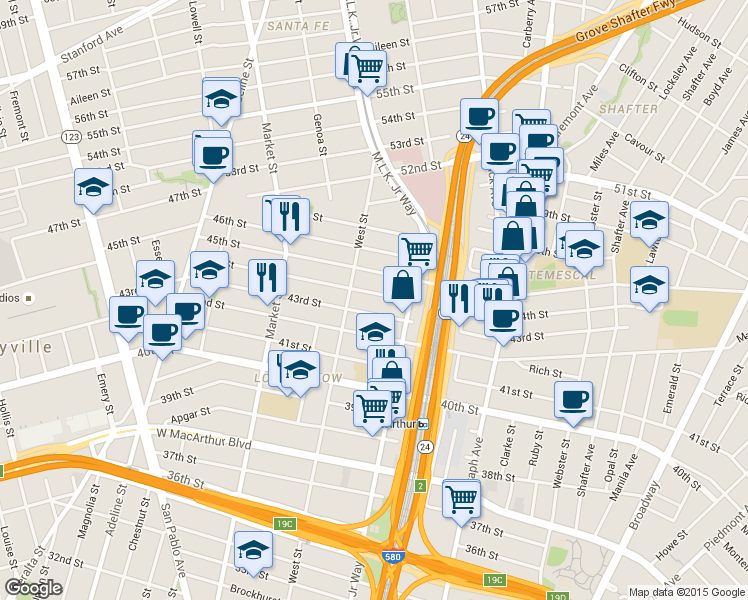 map of restaurants, bars, coffee shops, grocery stores, and more near 737 44th Street in Oakland