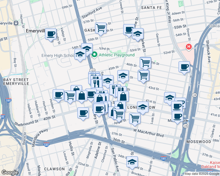 map of restaurants, bars, coffee shops, grocery stores, and more near 1051 43rd Street in Emeryville