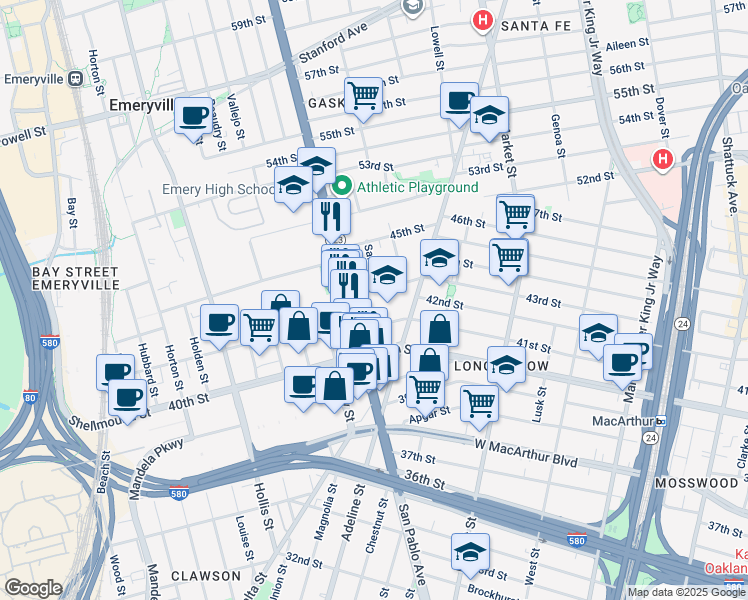 map of restaurants, bars, coffee shops, grocery stores, and more near 1092 43rd Street in Emeryville