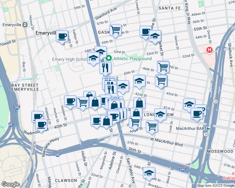 map of restaurants, bars, coffee shops, grocery stores, and more near 1092 43rd Street in Emeryville