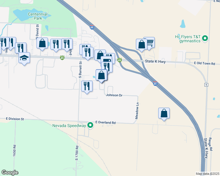 map of restaurants, bars, coffee shops, grocery stores, and more near 2501 Johnson Drive in Nevada
