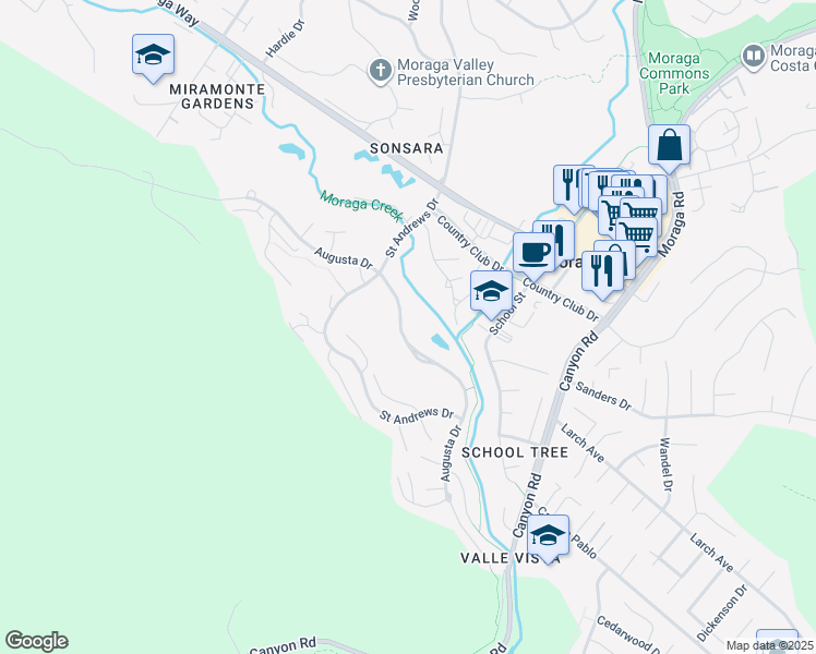 map of restaurants, bars, coffee shops, grocery stores, and more near 753 Augusta Drive in Moraga