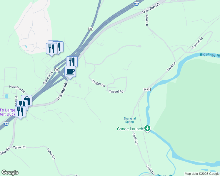 map of restaurants, bars, coffee shops, grocery stores, and more near 13840 Tassel Lane in Devils Elbow