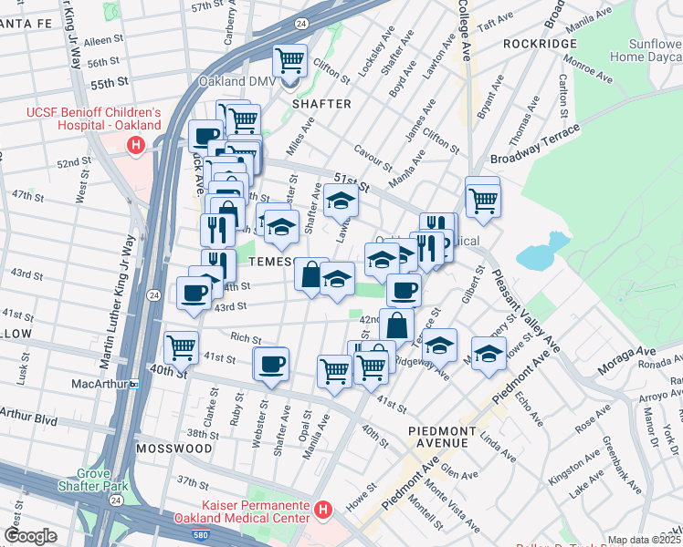 map of restaurants, bars, coffee shops, grocery stores, and more near 365 45th Street in Oakland