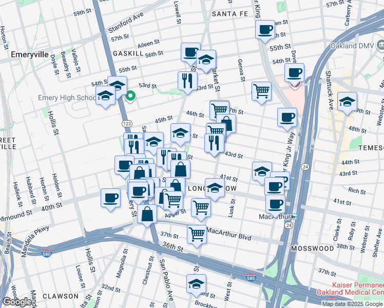 map of restaurants, bars, coffee shops, grocery stores, and more near 994 42nd Street in Oakland