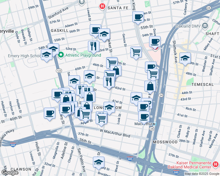 map of restaurants, bars, coffee shops, grocery stores, and more near 4221 Market Street in Oakland