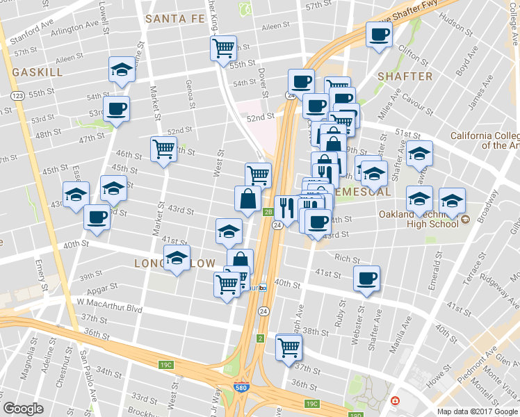 map of restaurants, bars, coffee shops, grocery stores, and more near 648 44th Street in Oakland