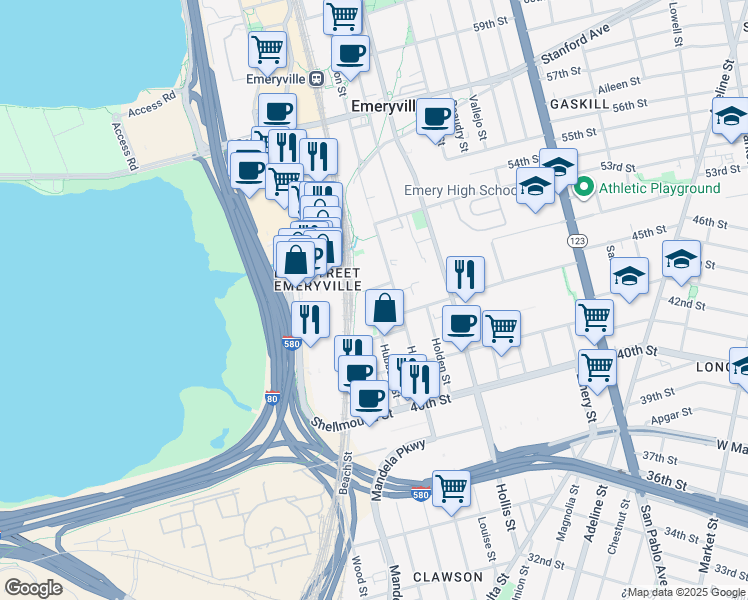 map of restaurants, bars, coffee shops, grocery stores, and more near 1450 Sherwin St in Emeryville