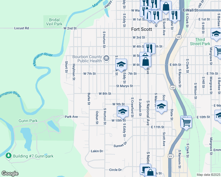 map of restaurants, bars, coffee shops, grocery stores, and more near 749 South Lowman Street in Fort Scott