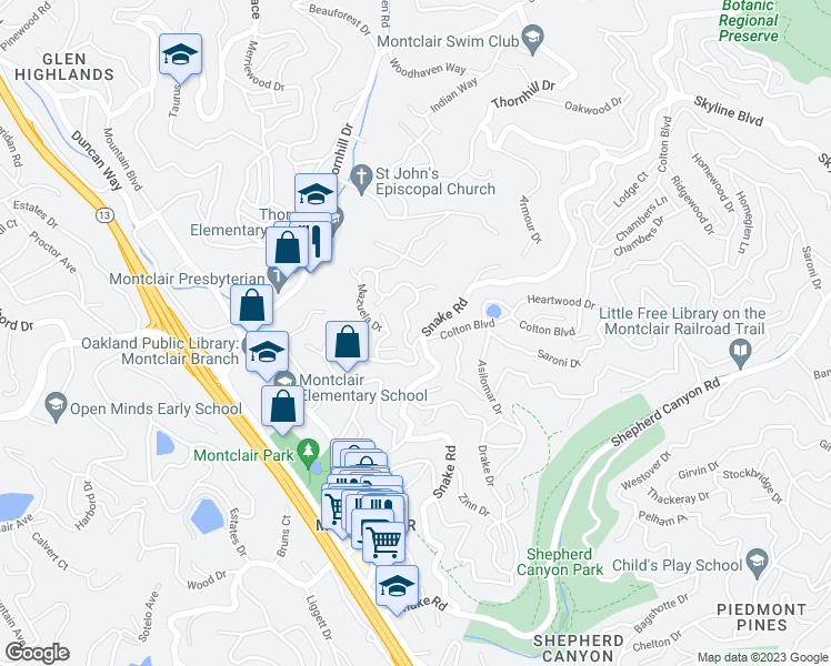 map of restaurants, bars, coffee shops, grocery stores, and more near 6091 Colton Boulevard in Oakland