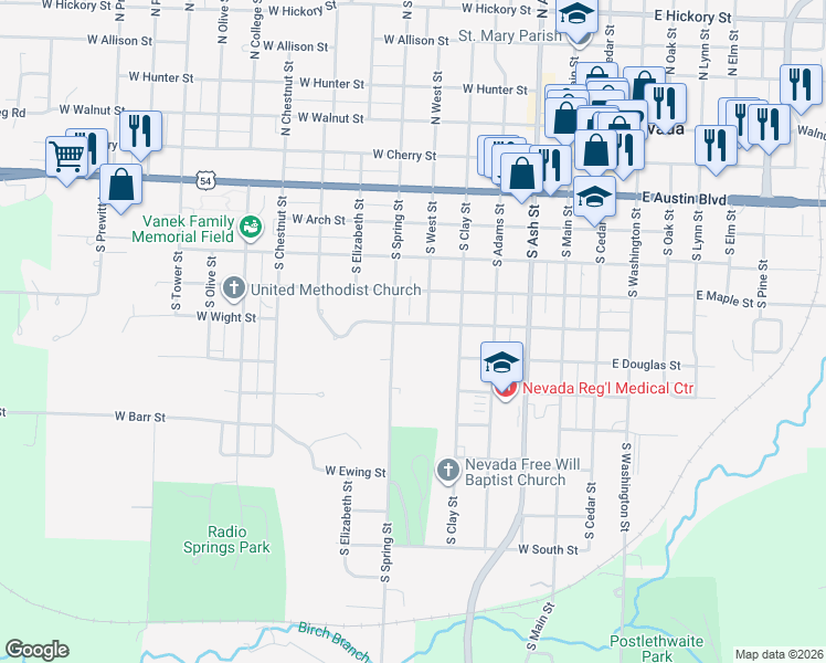map of restaurants, bars, coffee shops, grocery stores, and more near 605 West Wight Street in Nevada