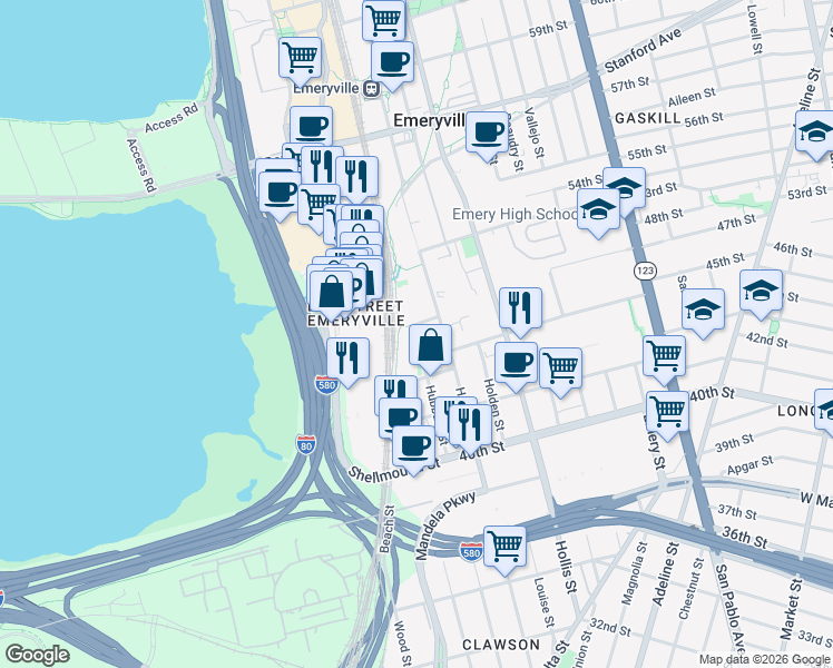 map of restaurants, bars, coffee shops, grocery stores, and more near 1450 Sherwin St in Emeryville