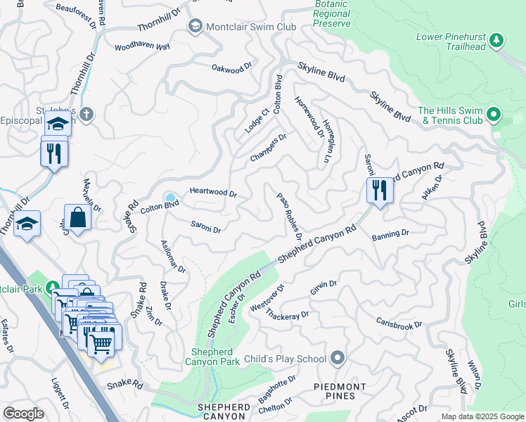map of restaurants, bars, coffee shops, grocery stores, and more near 10 Southwood Court in Oakland