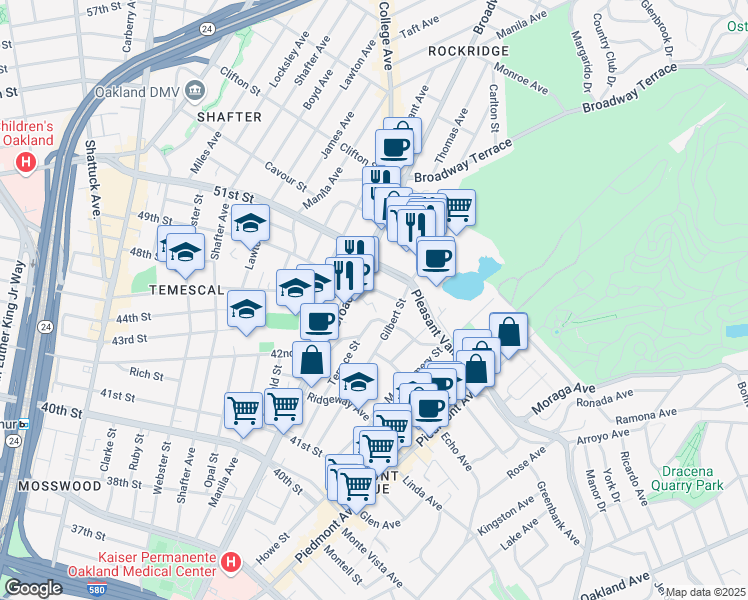 map of restaurants, bars, coffee shops, grocery stores, and more near 4421 Gilbert Street in Oakland