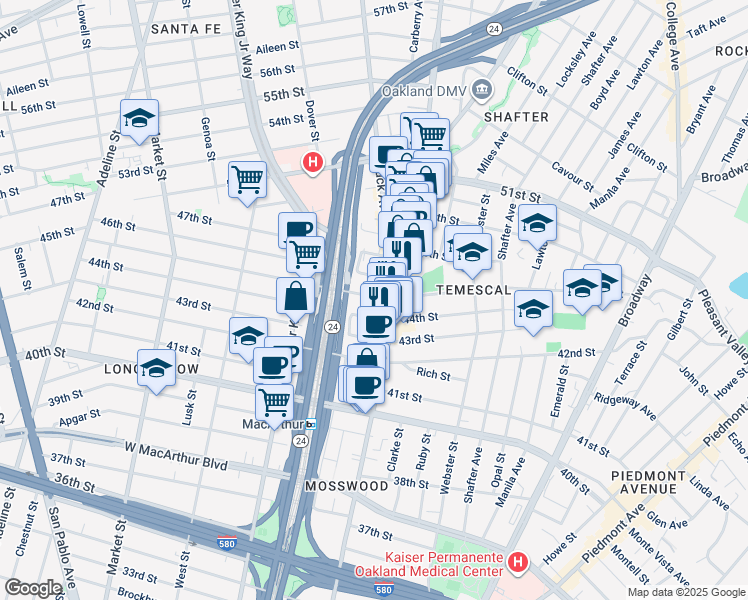 map of restaurants, bars, coffee shops, grocery stores, and more near 557 45th Street in Oakland