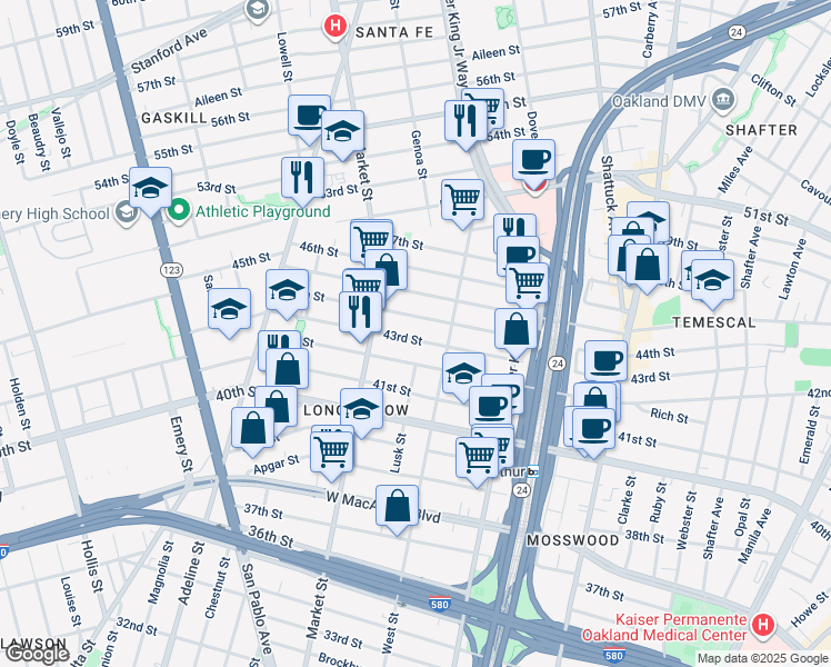 map of restaurants, bars, coffee shops, grocery stores, and more near 848 43rd Street in Oakland
