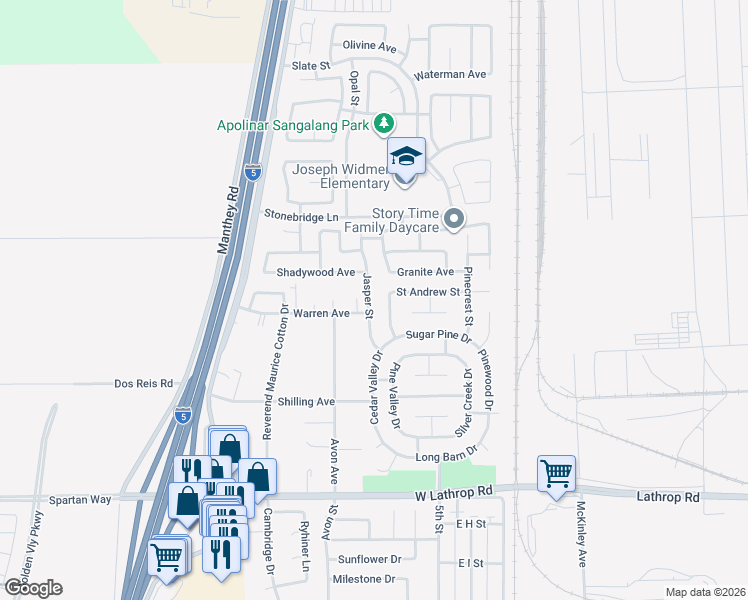 map of restaurants, bars, coffee shops, grocery stores, and more near 14080 Jasper Street in Lathrop