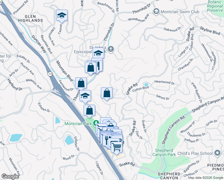 map of restaurants, bars, coffee shops, grocery stores, and more near 5909 Colton Boulevard in Oakland