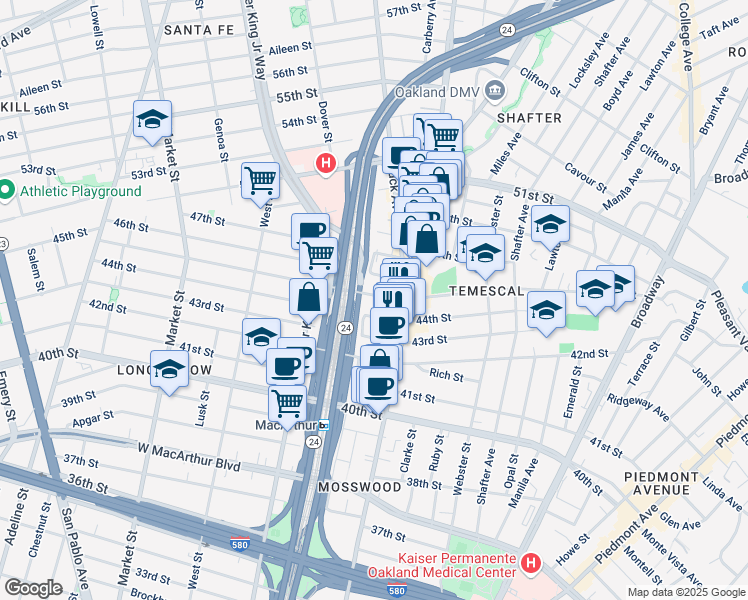 map of restaurants, bars, coffee shops, grocery stores, and more near 557 45th Street in Oakland
