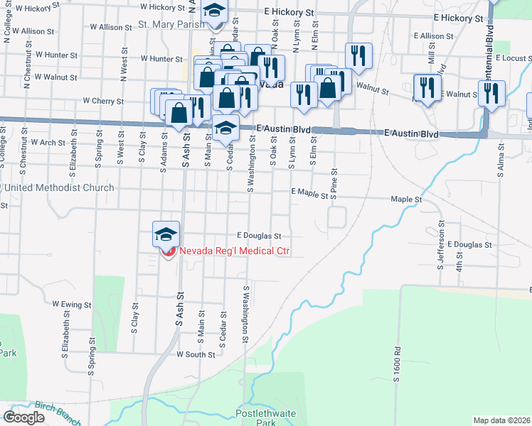 map of restaurants, bars, coffee shops, grocery stores, and more near 542 South Oak Street in Nevada