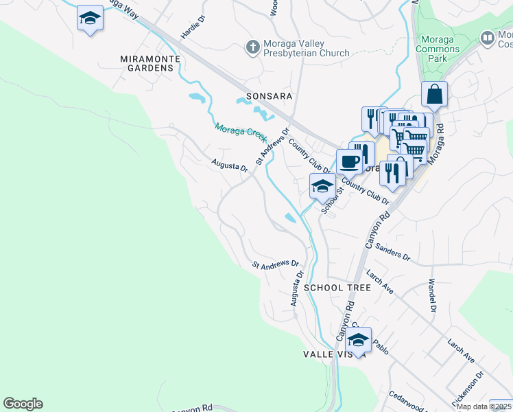 map of restaurants, bars, coffee shops, grocery stores, and more near 746 Augusta Drive in Moraga