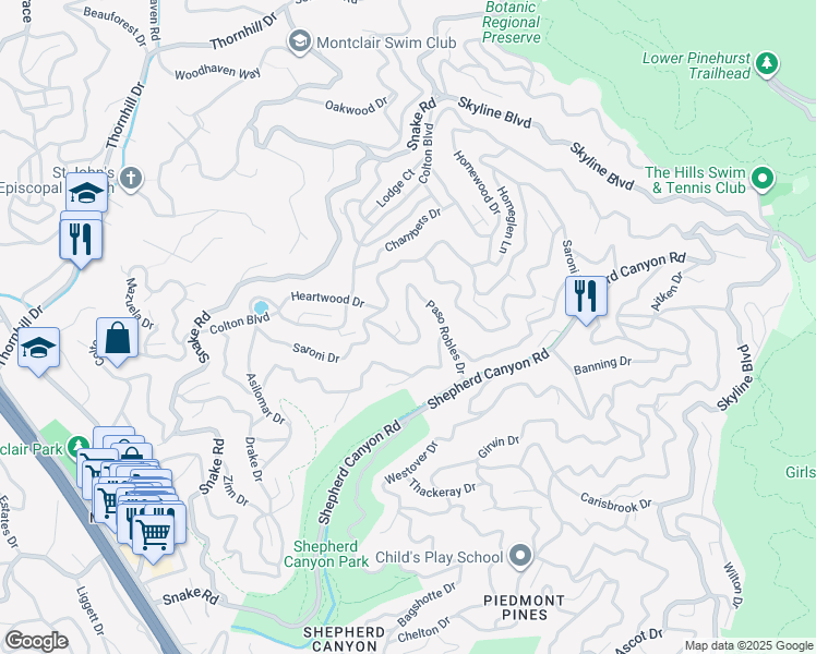map of restaurants, bars, coffee shops, grocery stores, and more near 10 Southwood Court in Oakland