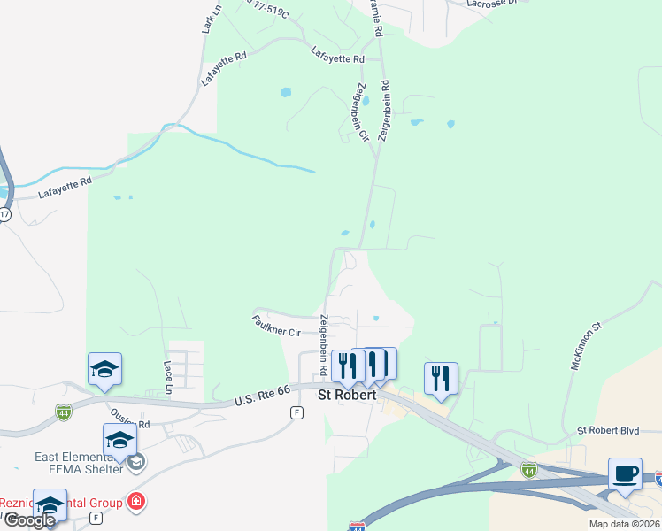 map of restaurants, bars, coffee shops, grocery stores, and more near 151 Zeigenbein Road in Saint Robert